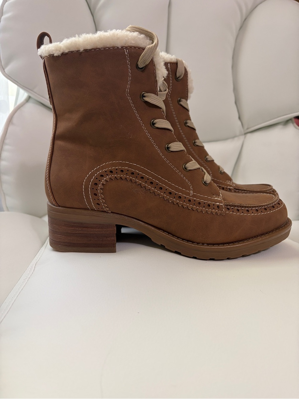 Indigo Tan Lace-Up Faux-Sherpa Ankle Boots